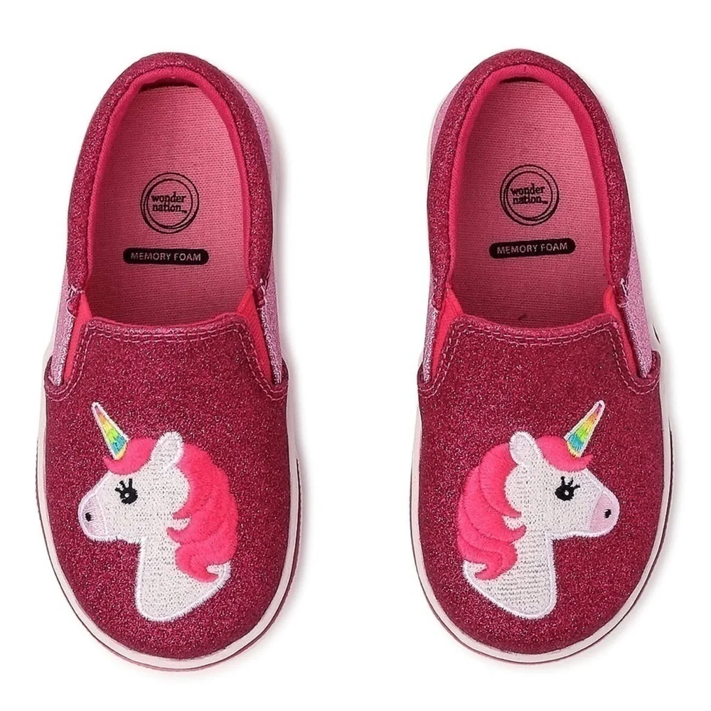 Wonder Nation Memory Foam Pink Glitter Unicorn Slip On Shoes Size 7
